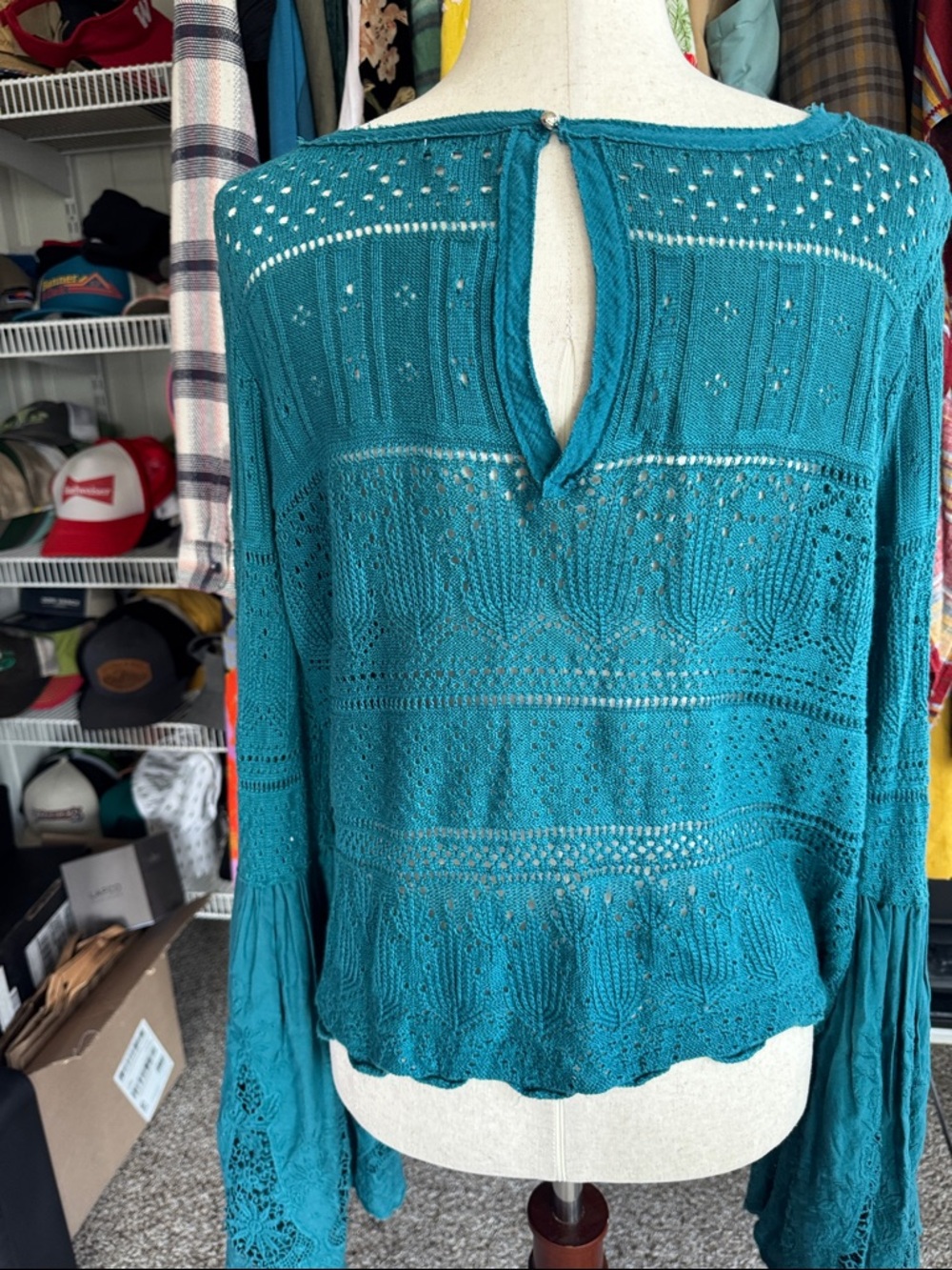 Free People Teal Crochet Lace Boho Top - Picture 5 of 8